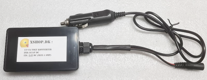 #24 - Forsyningskabel til alle 24 Volt maskiner: Resmed S9, S10, AirMini og S11, samt  Lowenstein Prisma: (12-24 volt DC konverter)